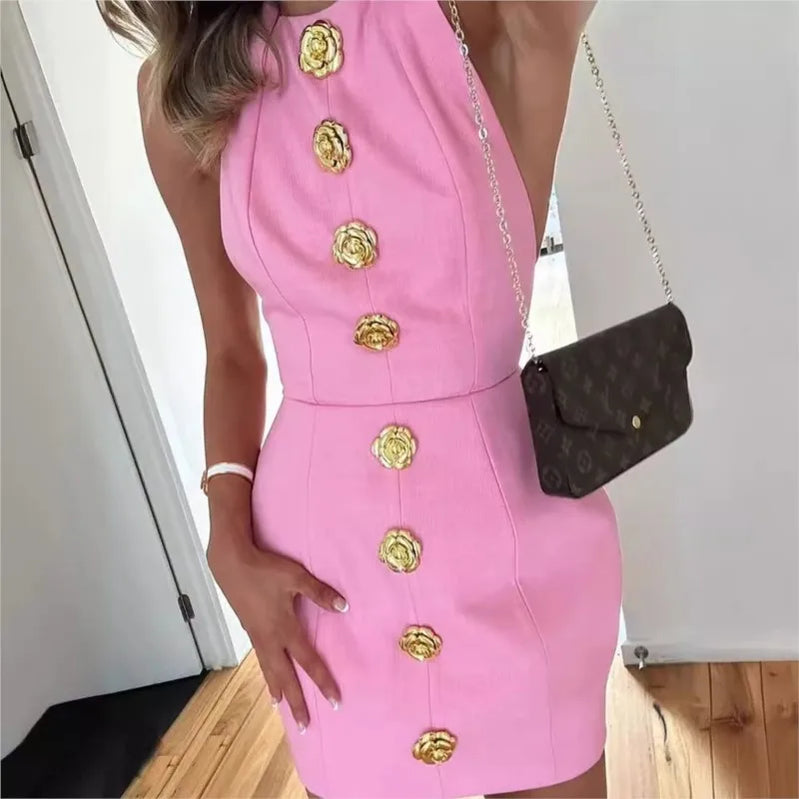 Women Summer Halter Backless Mini Dress Sleeveless Gold Button Solid Color Fashion Elegant Dresses Lady Chic Party Vestidos