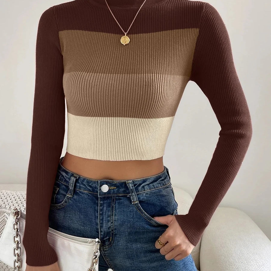 Spring Women Crop Colorblock Turtleneck Ribbed Long Sleeve Pull Sweater Femme Knitwear Jumper Outfits Pullovers Coffee One Size