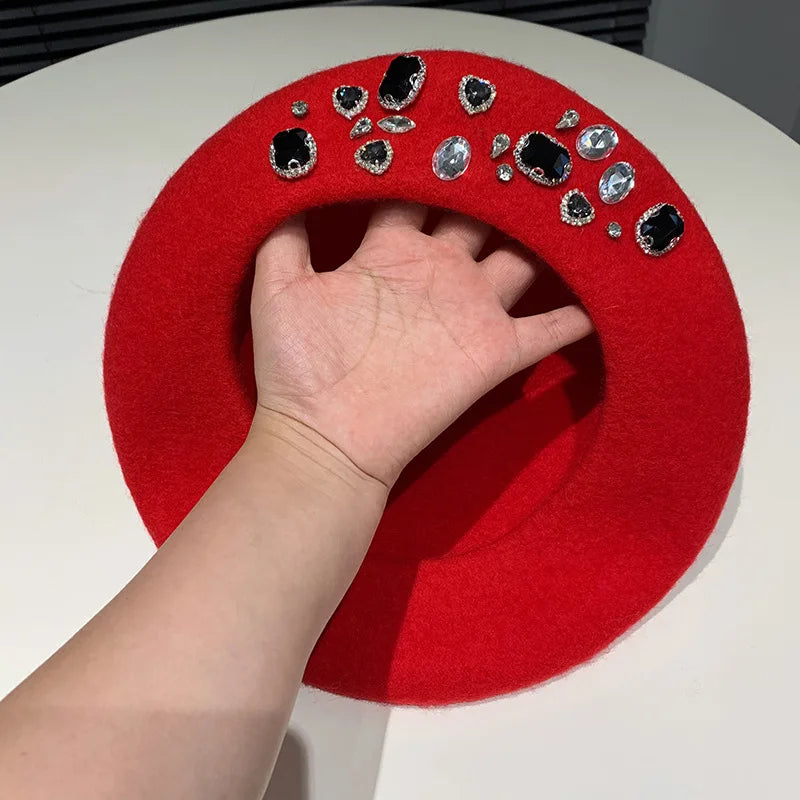 Berets Women Hat Brimless Stretchy Comfortable Rhinestone Y2K Cap Autumn Female Flat Color Cotton 11 56-58cm