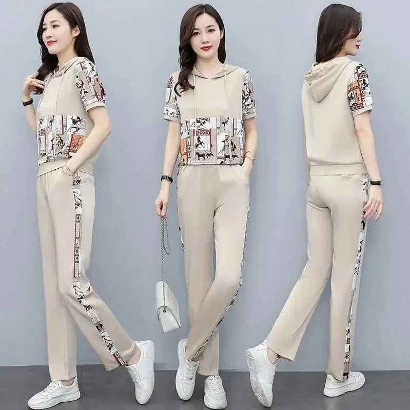 Women's Large Autumn New Casual Suit Loose Fashion Printed Hooded Short Sleeve Tops And Pants 2 Two Piece Set Plus Size Clothing