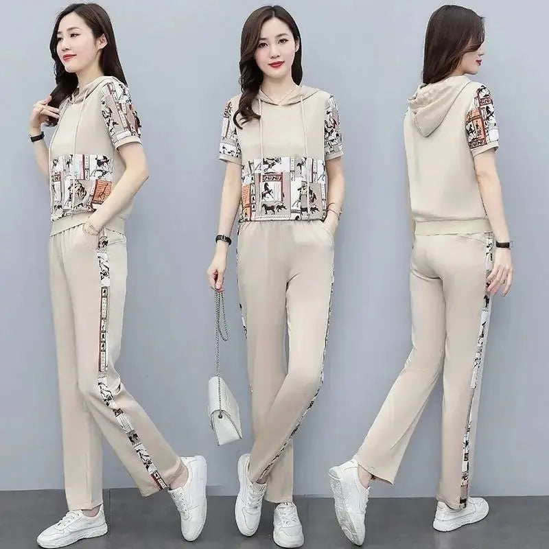 Women's Large Autumn New Casual Suit Loose Fashion Printed Hooded Short Sleeve Tops And Pants 2 Two Piece Set Plus Size Clothing