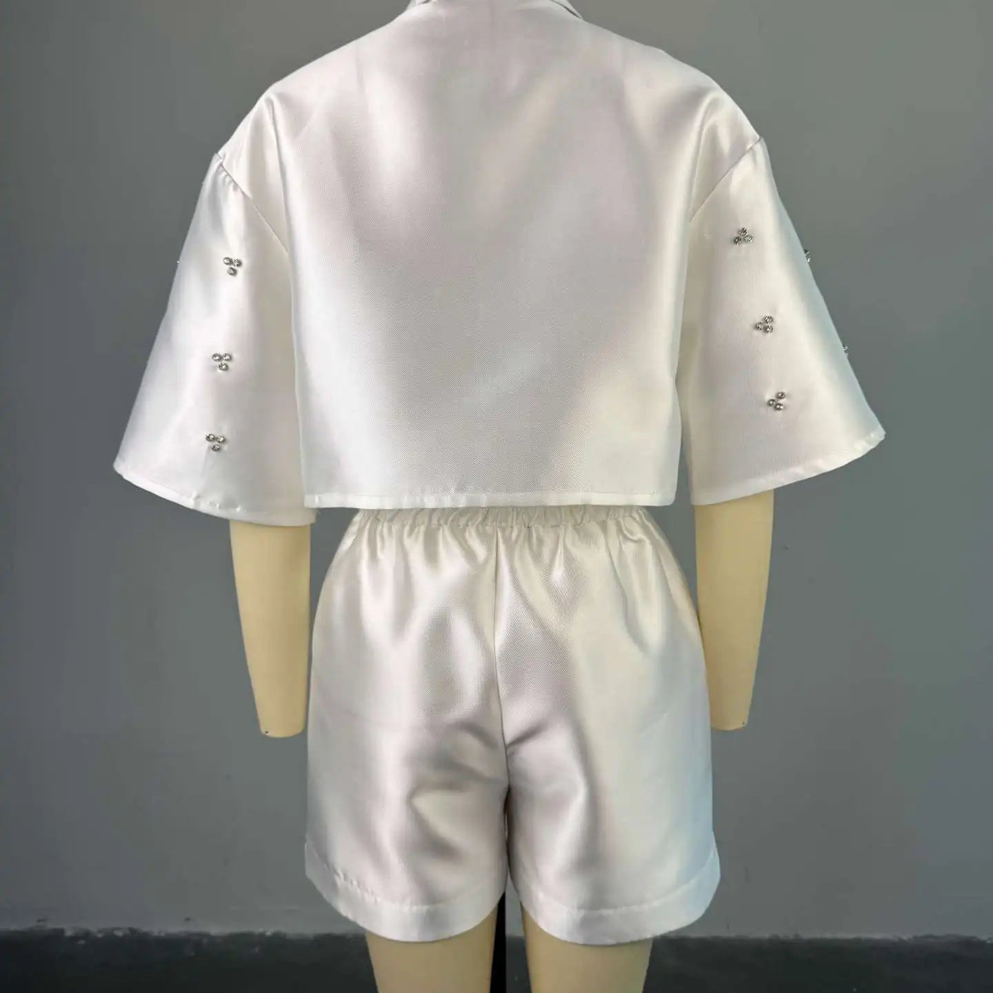 CM.YAYA Fashion Beading Women's Set 3/4 Sleeve Shirt Tops and Shorts Sets 2025 Summer Street Two 2 Piece Sets Outfits Tracksuit