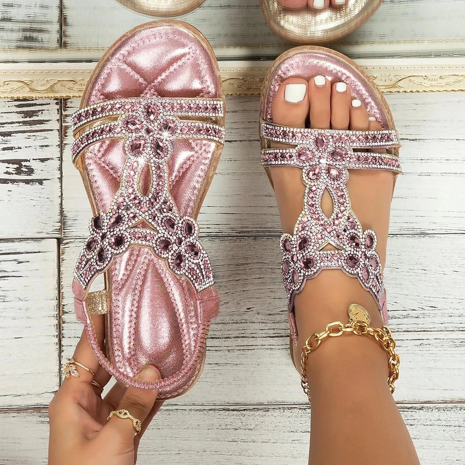 Rhinestones Sandals For Women With Elastic Ankle Strap Bohemian Beach Shoes Fashion Crystal Floral Casual Open Toe Shoes Pink