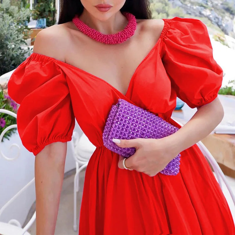 Elegant Women's New Maxi Dress Casual Short Sleeves V Neck Fashion Solid Color Simple Female Dress Summer Party Bohemia Dresses