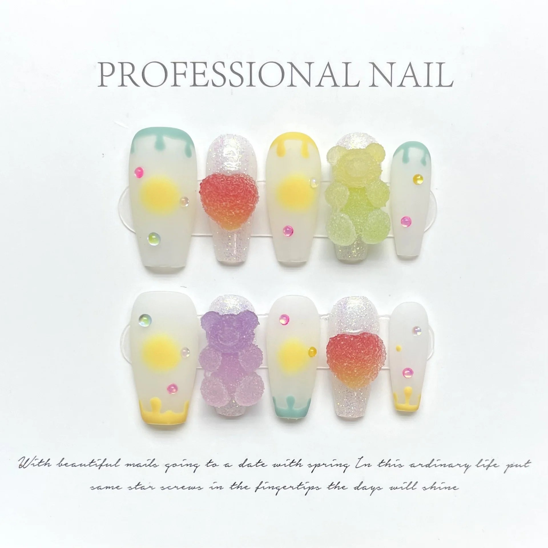 10pcs Mid-length Ballet Handmade Fake Nails Tip Cute Cartoon Candy Design Coffin False Nail Art Reusable Colorful Press on Nails