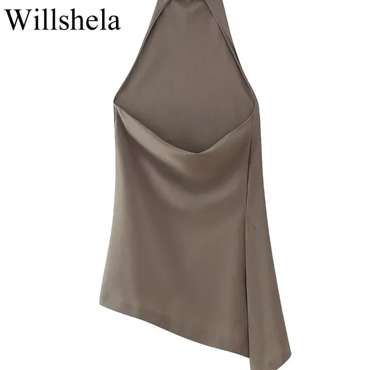 Women Fashion Two Piece Set Brown Pleated Halter Neck Tops & Straight Pants Vintage Female Chic Lady Pants Suit