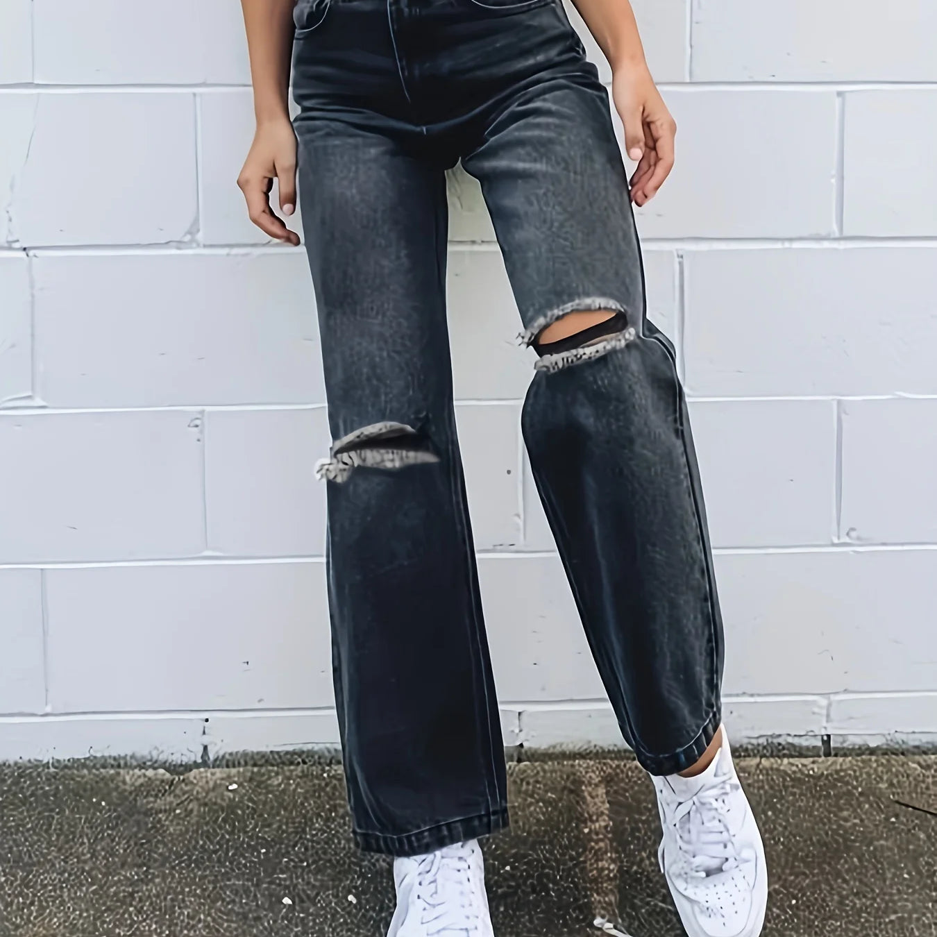 Black Ripped Holes Straight Jeans, Loose Fit Non-Stretch Washed Denim Pants, Women's Denim Jeans & Clothing
