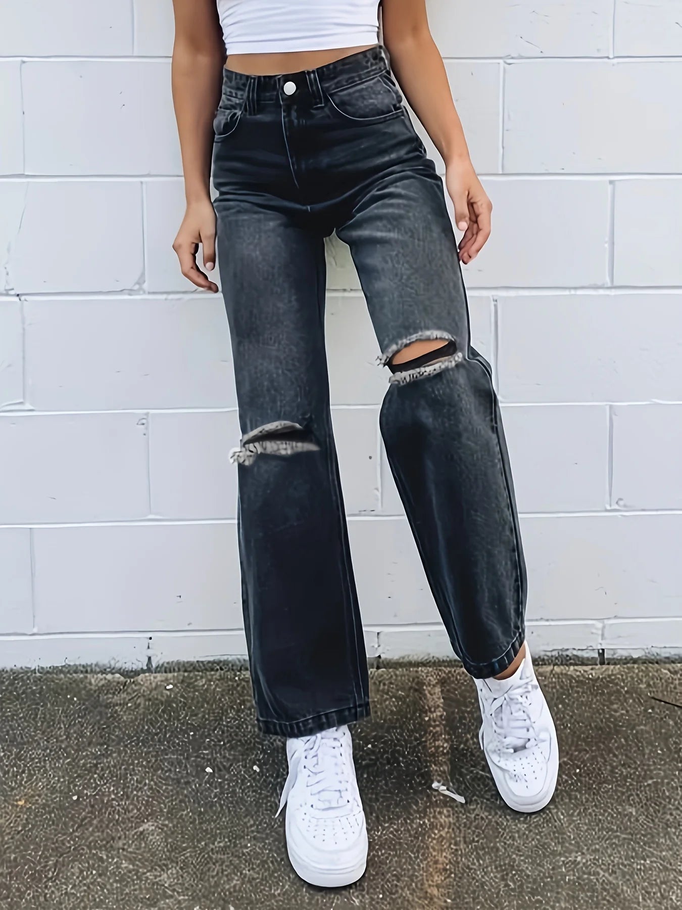 Black Ripped Holes Straight Jeans, Loose Fit Non-Stretch Washed Denim Pants, Women's Denim Jeans & Clothing