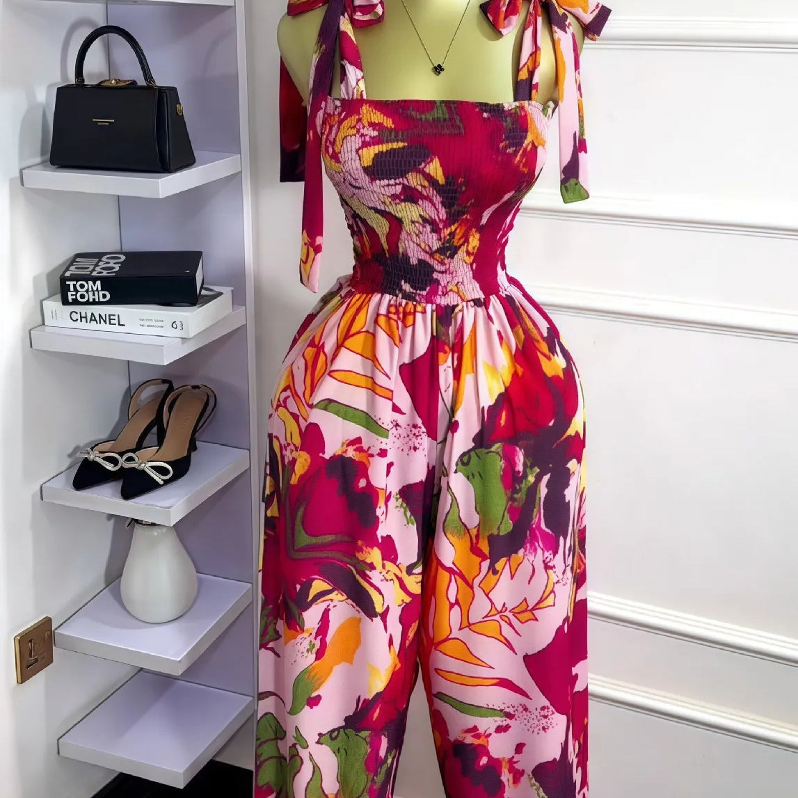 CM.YAYA Leaf Printed Women Bowknot Shoulder Sleeveless Jumpsuits 2025 Summer Beach Boho Holiday Outfits One Piece Suit Romper