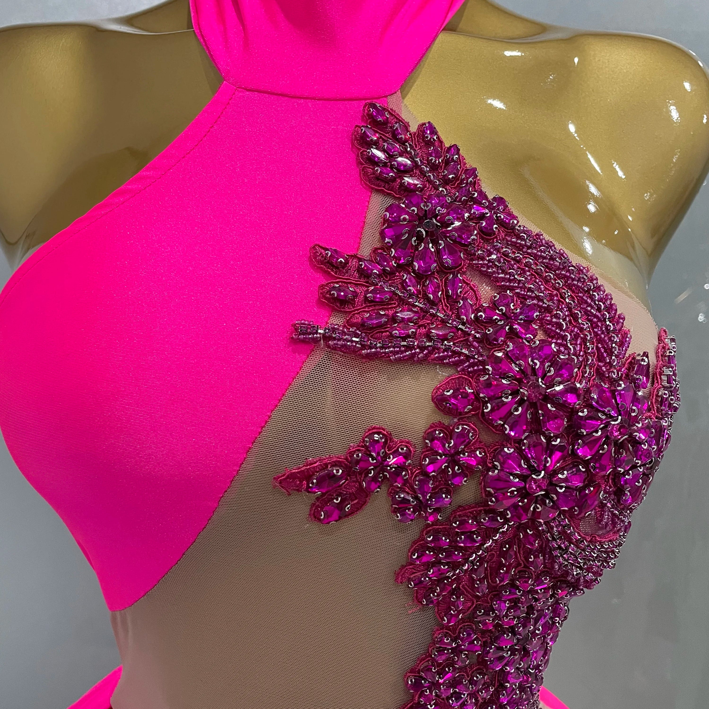 Sexy Sparkly Beaded Mesh See-Through Backless Cocktail Short Dress 2025Women Evening Prom Celebrate Birthday Party Stage Costume