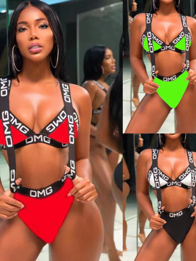 Neon Women Swimsuit Push Up Bikini Swimwear High Waist Bathing Suit OMG Letter Print One Piece Monokini Beachwear Swimsuit