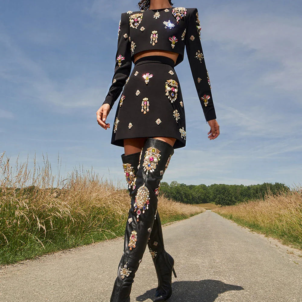 Ailigou 2023 New Autumn Women's High Quality Fashion Sexy Luxury Colorful Diamond Bead Short Top+Dress Black Two Piece Set