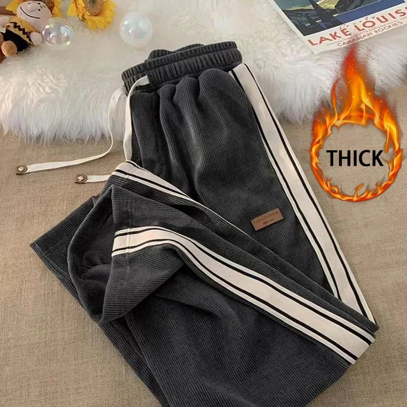 Corduroy Striped Sweatpants Women Streetwear Thick Wide Leg Pants Y2K Harajuku High Waist Joggers Korean Baggy Trousers DarkGrayThick