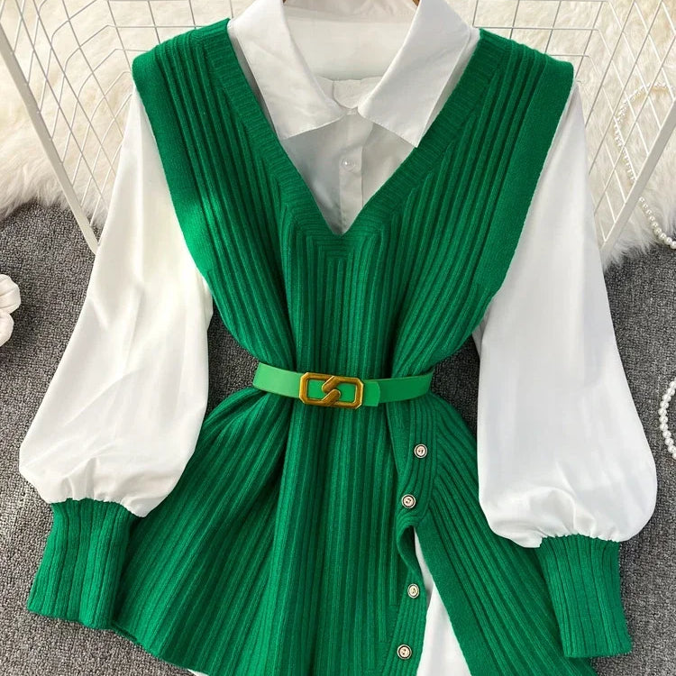 Loose White Shirt Long Sleeve Top Women's Belt Slit Knit Vest Korean Fashion Two Piece Set for Women Blouse Spring New green
