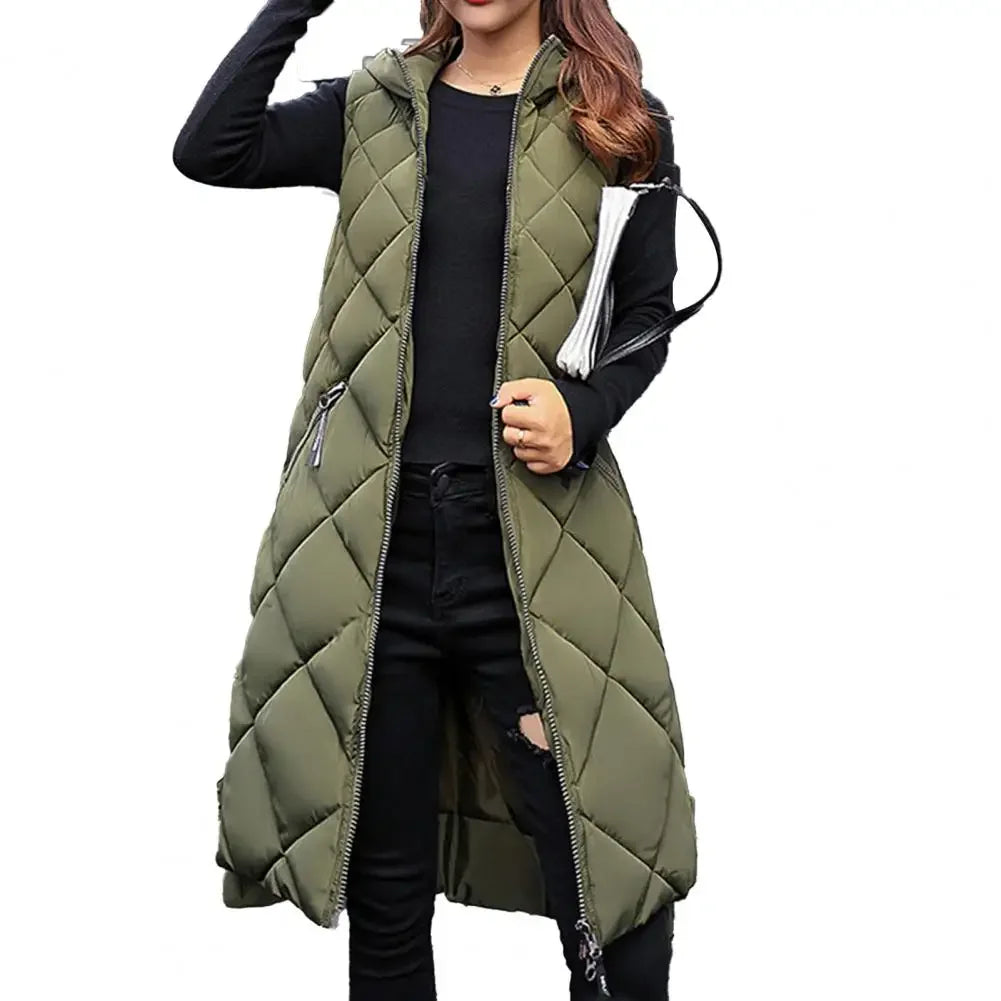 Vest Hooded Women Vest Jacket Long Diamond Grid Shaped Jacket Zipper Sleeveless Cardigan Trendy Style Autumn Winter Streetwear ArmyGreen