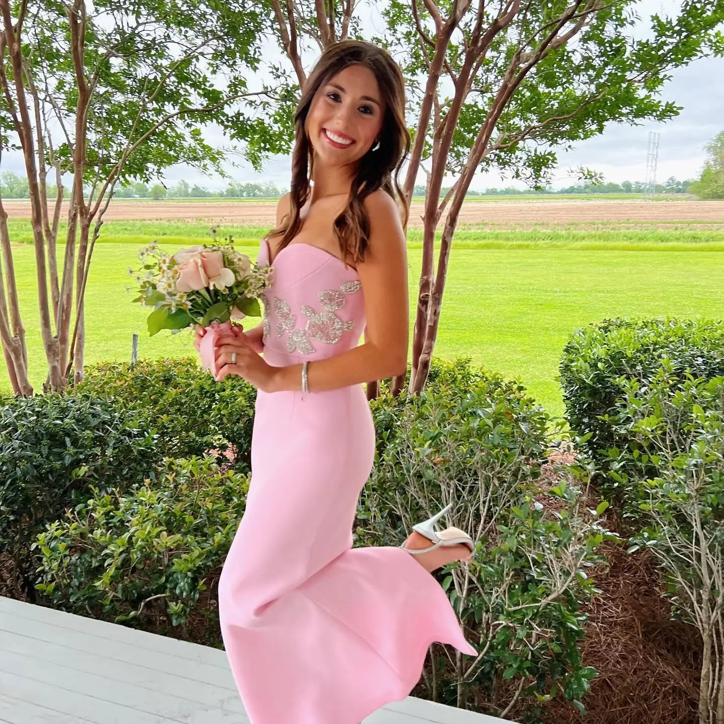 Stereoscopic Diamond Flowers Strapless Pink Ankle Lenght Bandage Dress Woman Birthday Party Vestido Celebrity Party Outfit