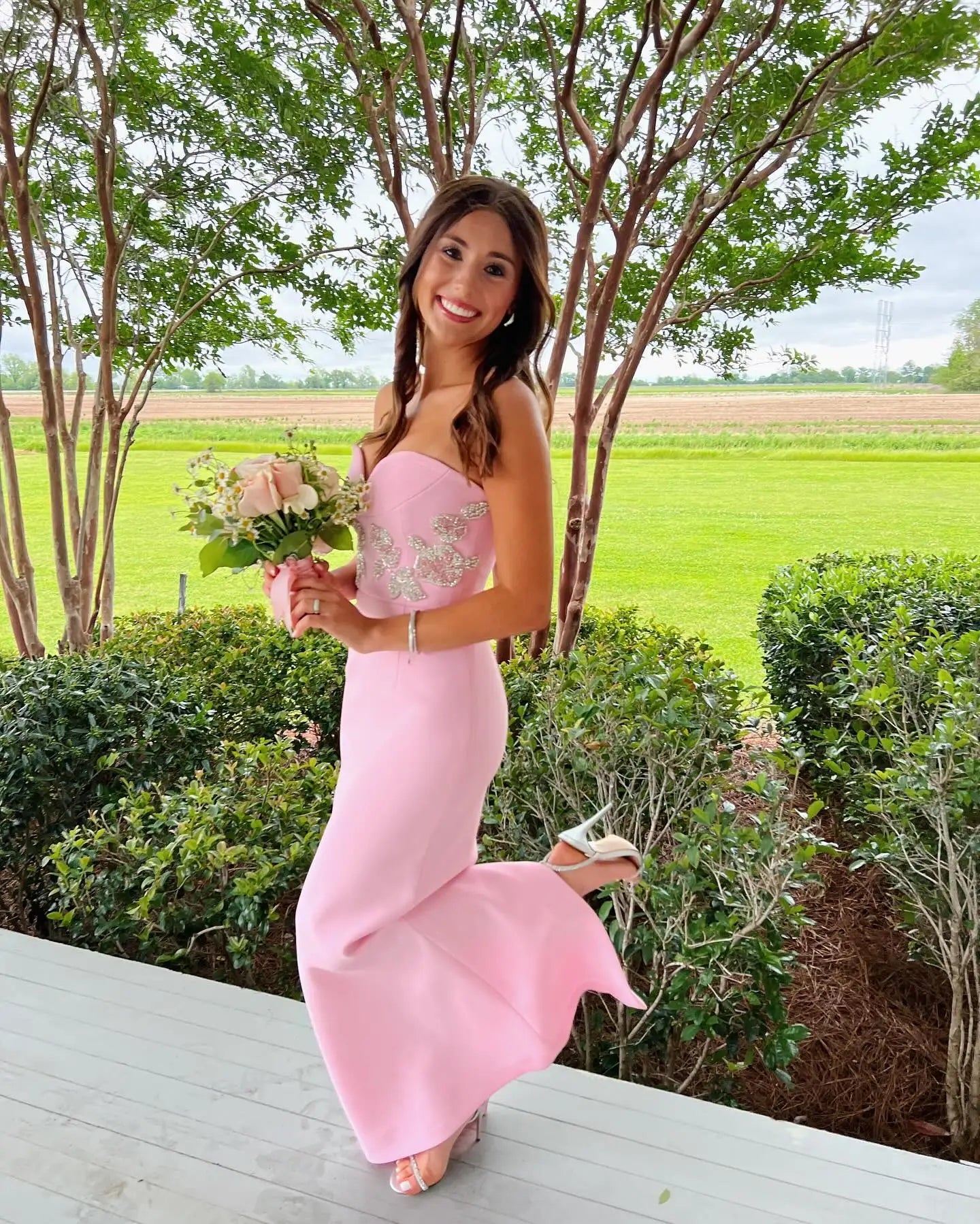 Stereoscopic Diamond Flowers Strapless Pink Ankle Lenght Bandage Dress Woman Birthday Party Vestido Celebrity Party Outfit