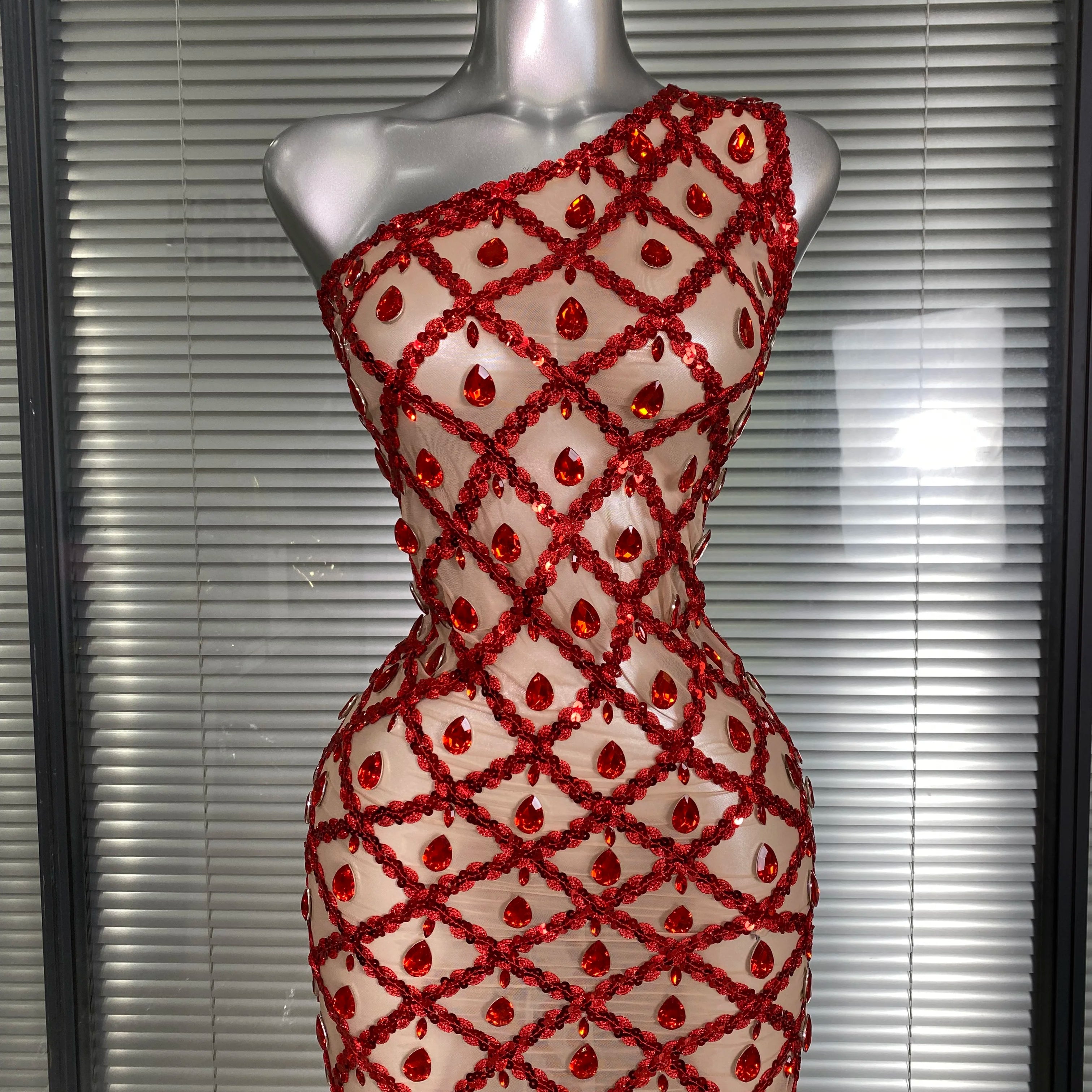 New Women Sexy One Shoulder See Through Crystal Diamonds Long Dress Birthday Party Costume Bar Singer Stage Performance Dress