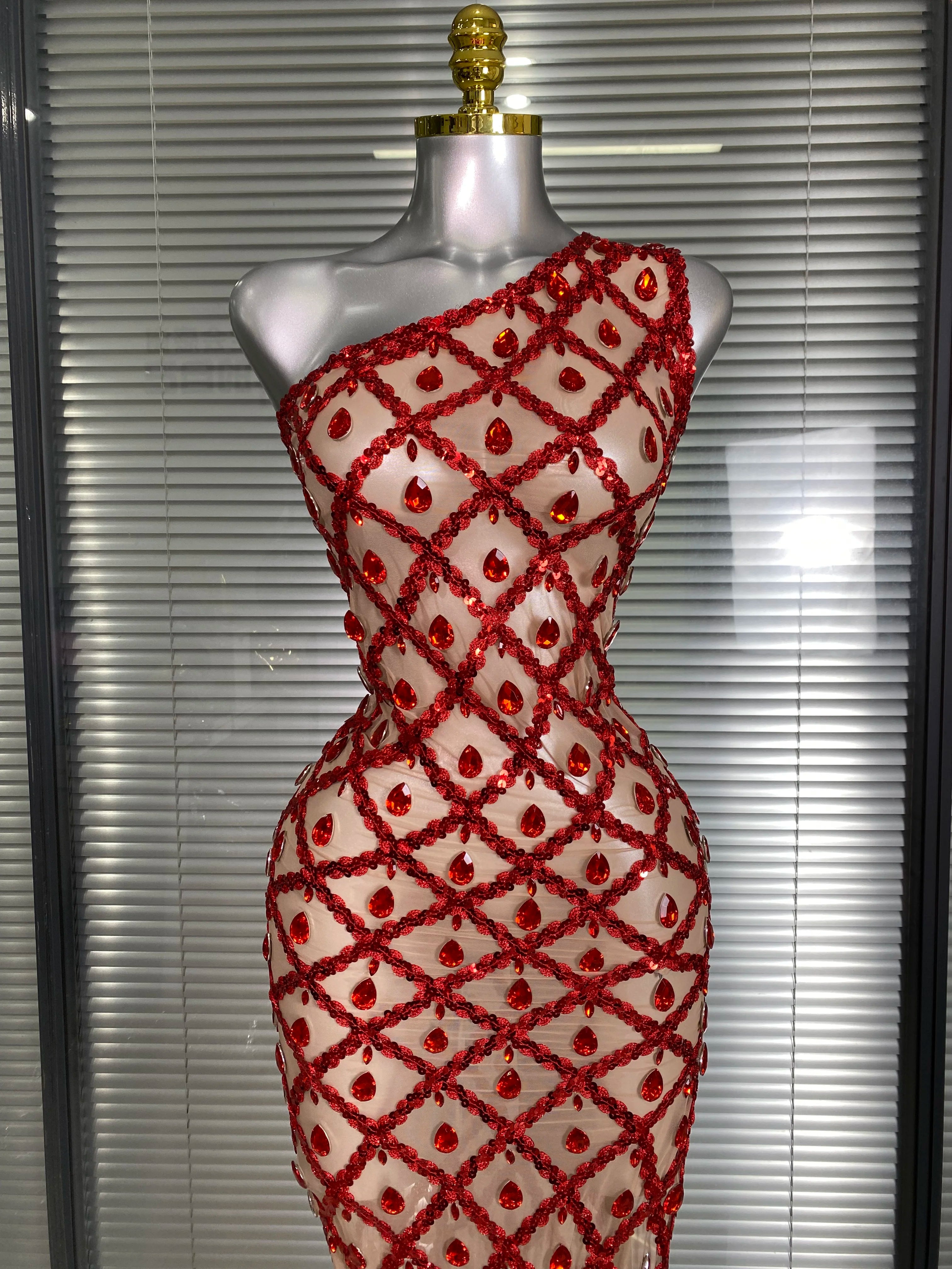 New Women Sexy One Shoulder See Through Crystal Diamonds Long Dress Birthday Party Costume Bar Singer Stage Performance Dress