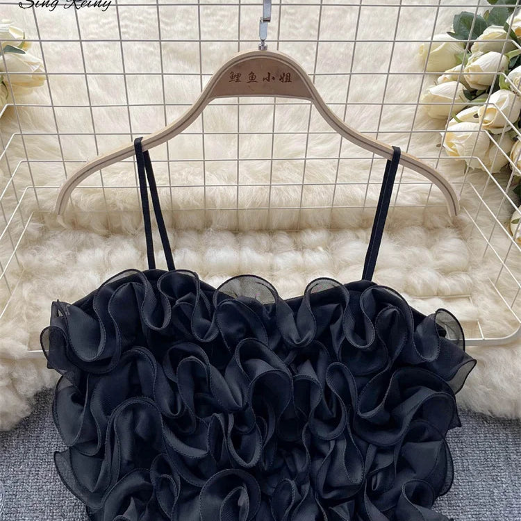 SINGREINY French Style Sheath Solid Sexy Camisole Female 3D Flowers Elastic Tops Ladies Holiday Short Sweet Streetwear Camis black One Size