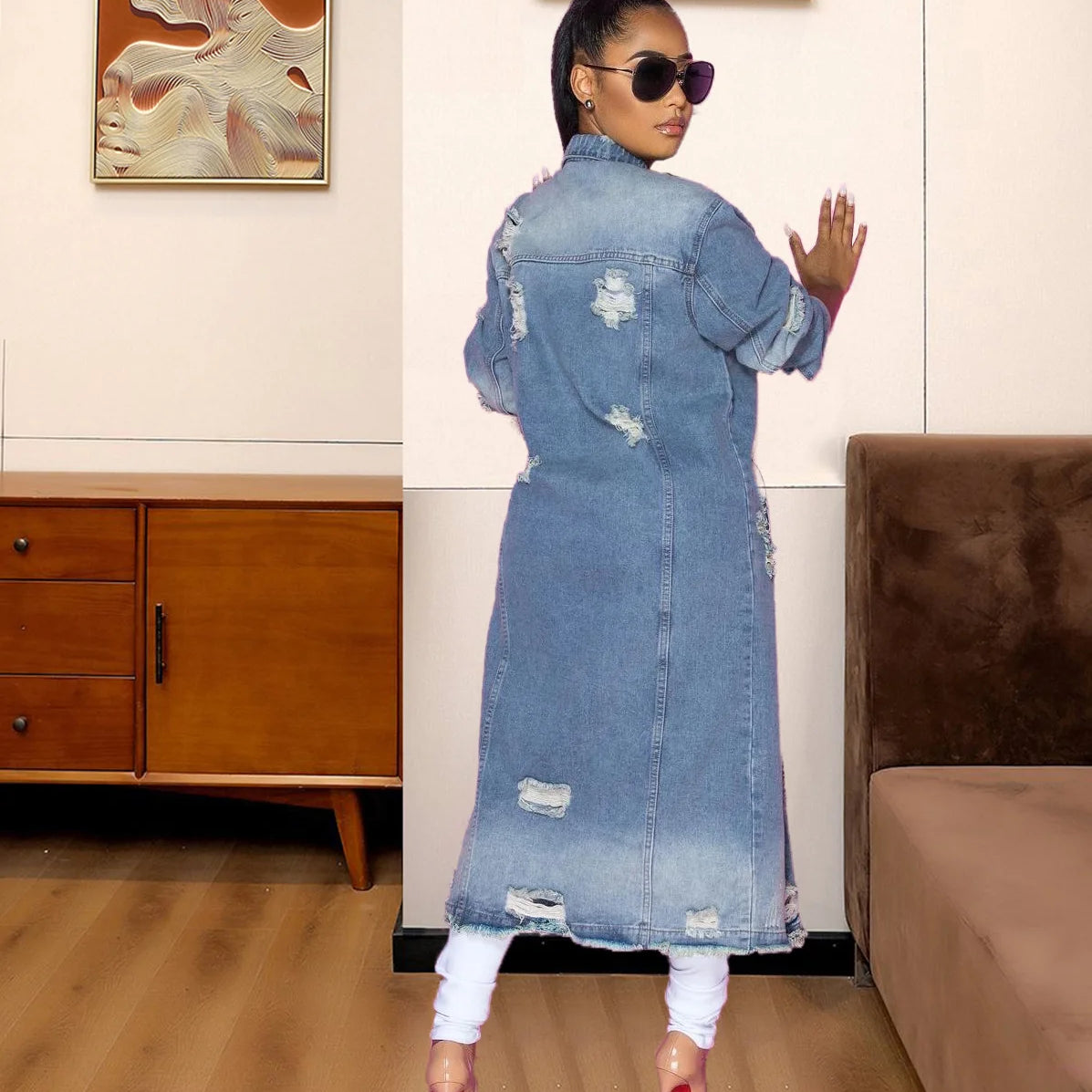 European and American Fashion Women's Wear with Holes Long Sleeved Denim Trench Coat Cardigan Denim Cape