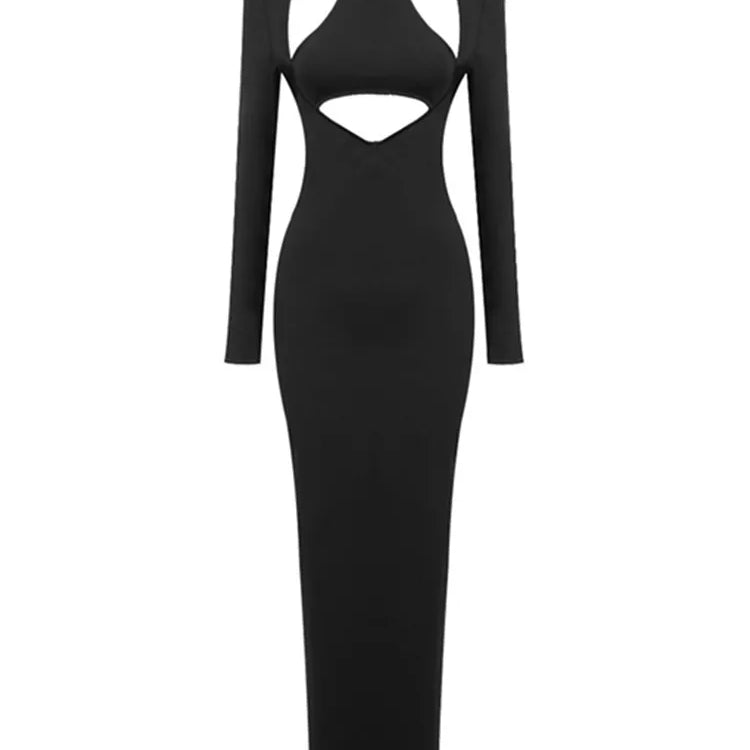 Winter 2023 Sexy Cut Out Black Turtleneck Bodycon Maxi Long Women Celebrity Fashion Evening Party Club Dress Vestido