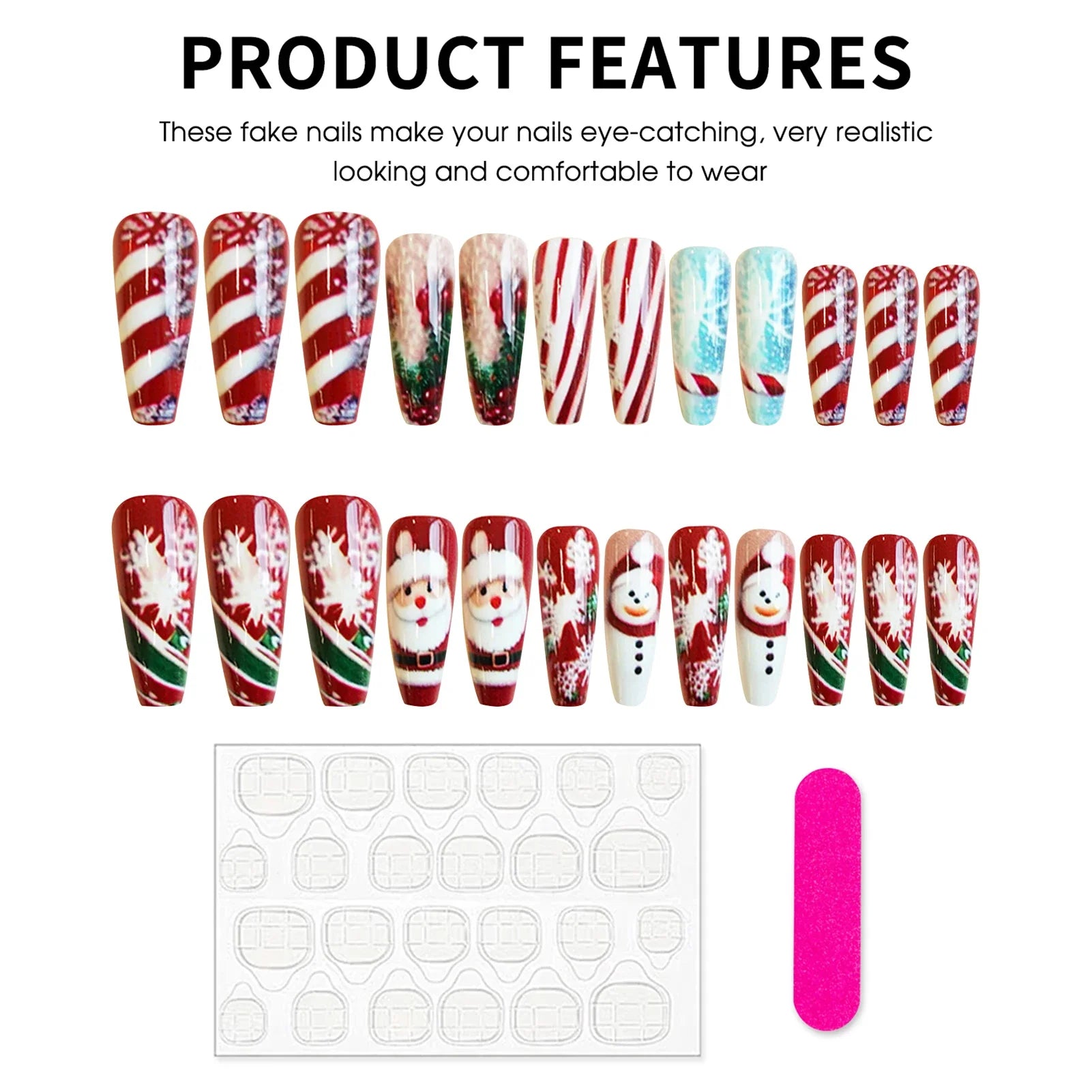 Long Coffin Fake Nails for Christmas Party 24Pcs Red Striped Printed Press On Nails with Santas/Snowman/Snowflake Designs