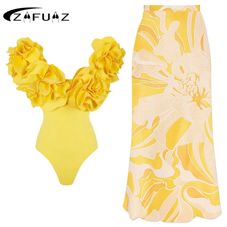 2024 Sexy 3D Flower Push Up Bikini Set Swimsuit Dress Women Off Shoulder One Piece Swimwear High Waist Beach Bathing Suit Skirt