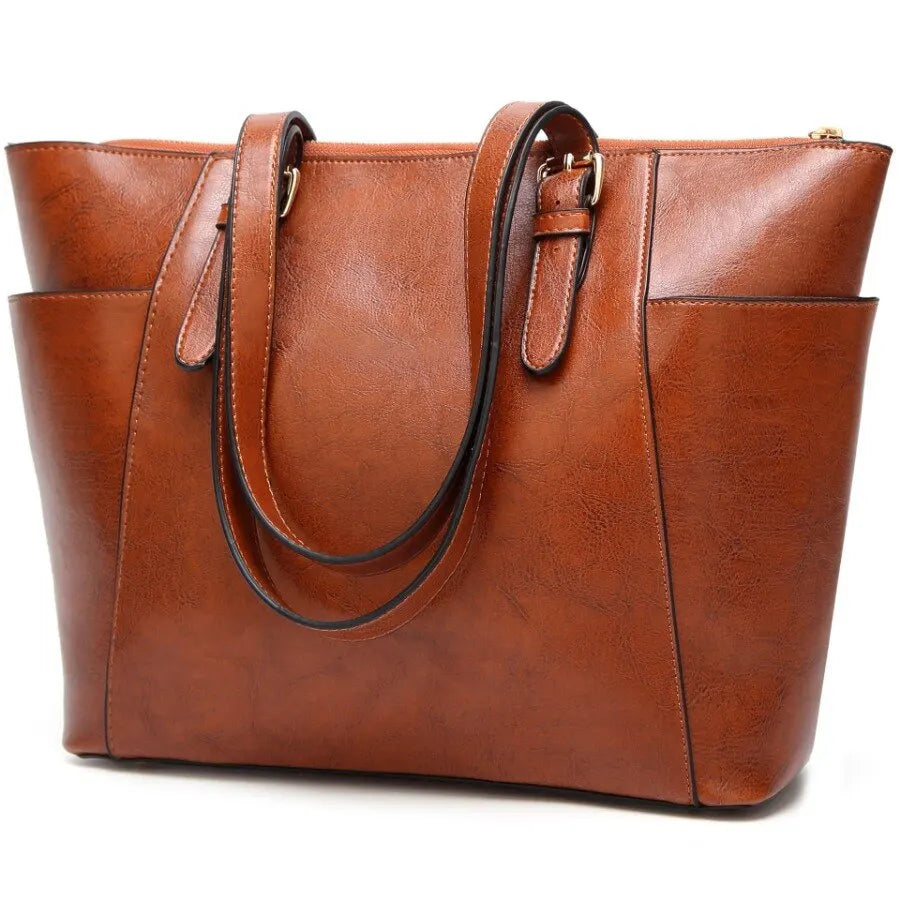 Retro Style Tote Bag Women's Fashion Faux Leather Shoulder Bag Large Zipper Handbag 2023 Fashion Hign Capaciity Handbag SB386-Brown