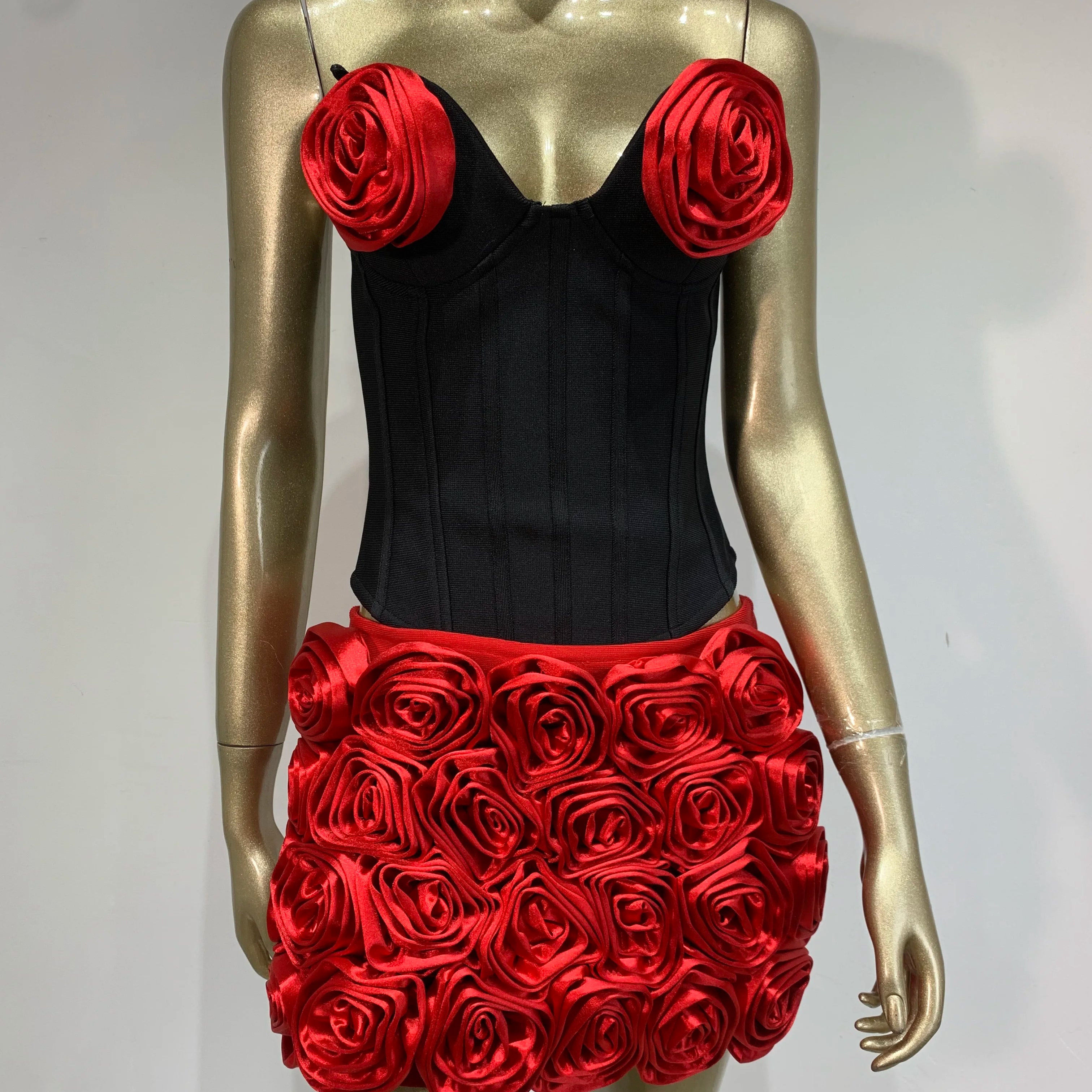 Women Sexy Strapless Zipper Patchwork Red Flower Mini Two Pieces Skirt Bandage Set 2025 Celebrity Designer Fashion Women's Set