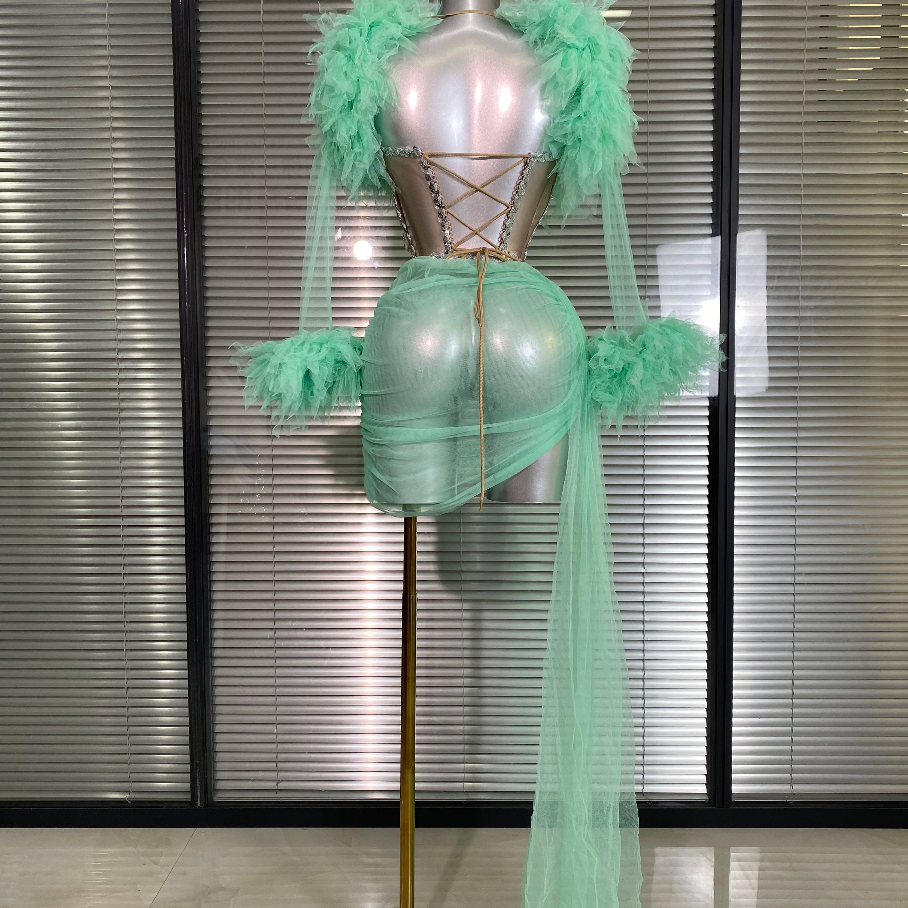 Summer New 2025 Sexy Two Pieces Set Women Celebrity Laced Mint Mesh Night Club Skirt Suits Stage Performance Costume