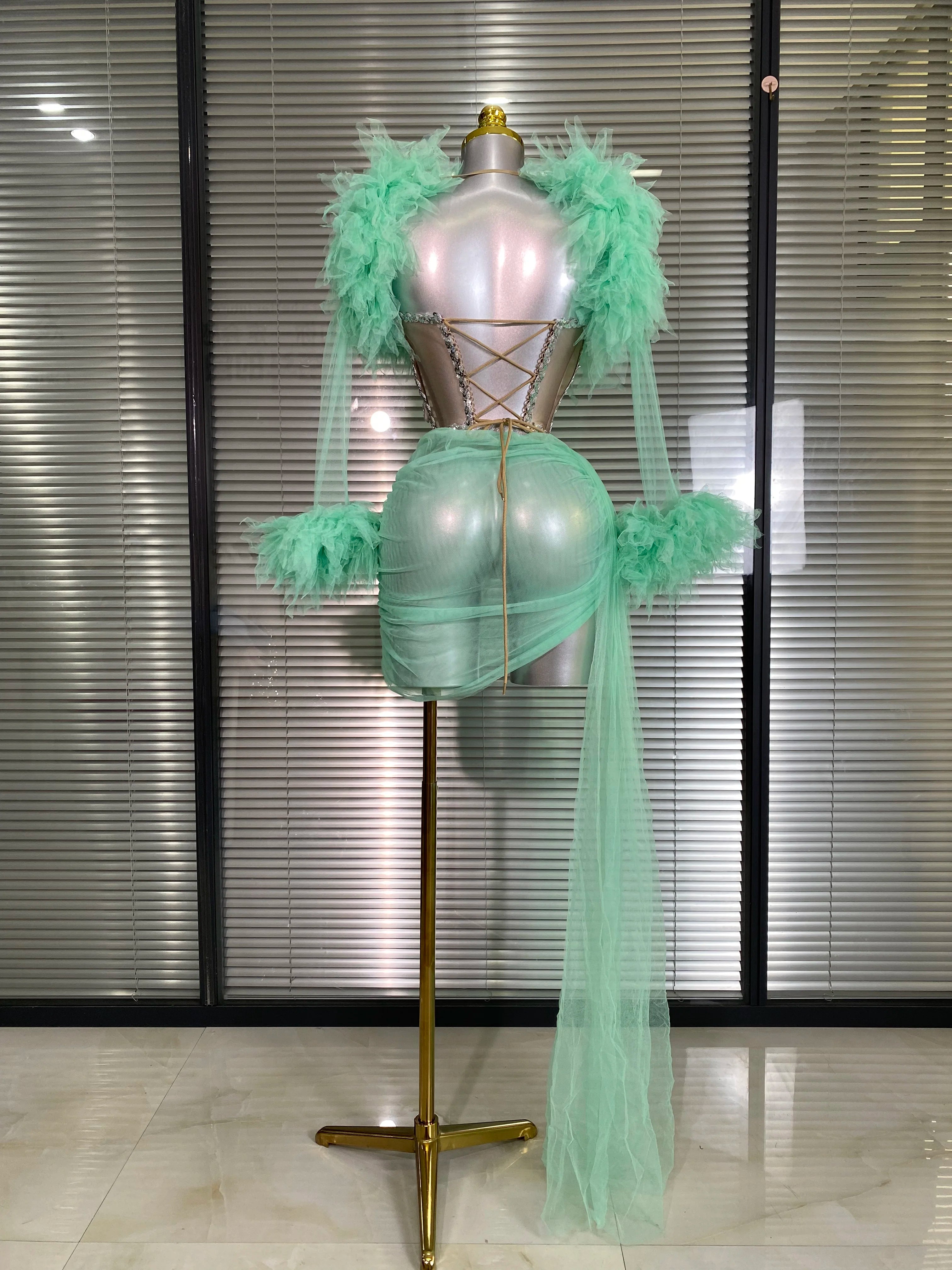 Summer New 2025 Sexy Two Pieces Set Women Celebrity Laced Mint Mesh Night Club Skirt Suits Stage Performance Costume