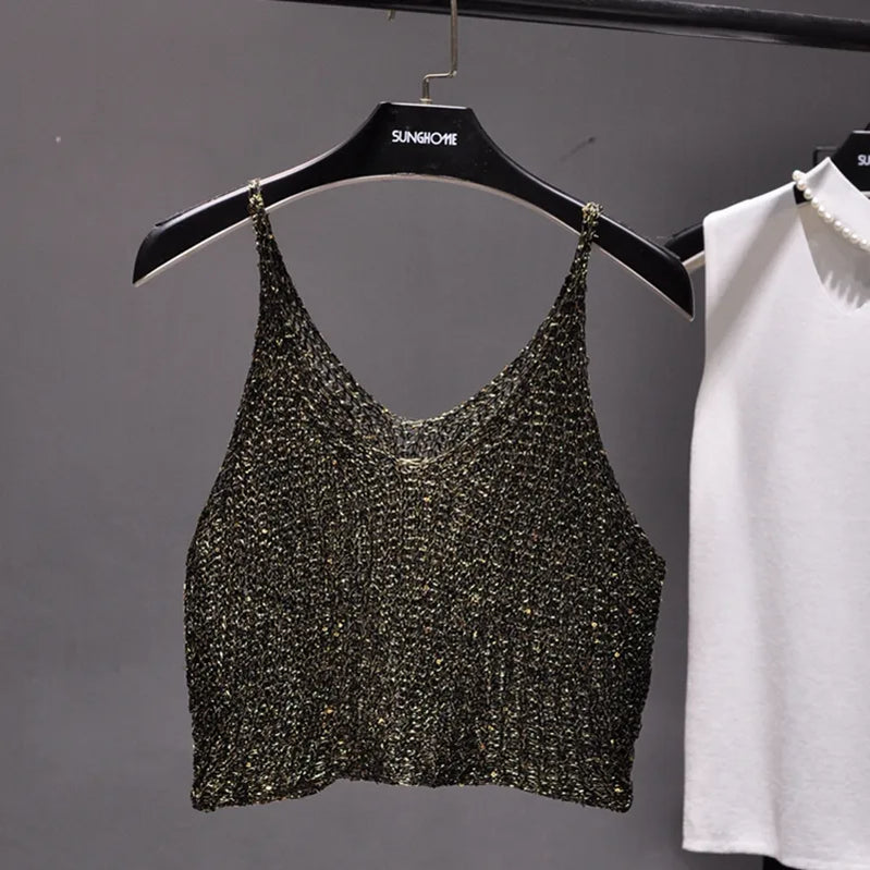 Sparkling Sequins Half Waist Render Knitwear Hollow-out Is Sexy Waist Condole Top Cropped Sexy Streetwear Woman Tops Summer Black Gold One Size