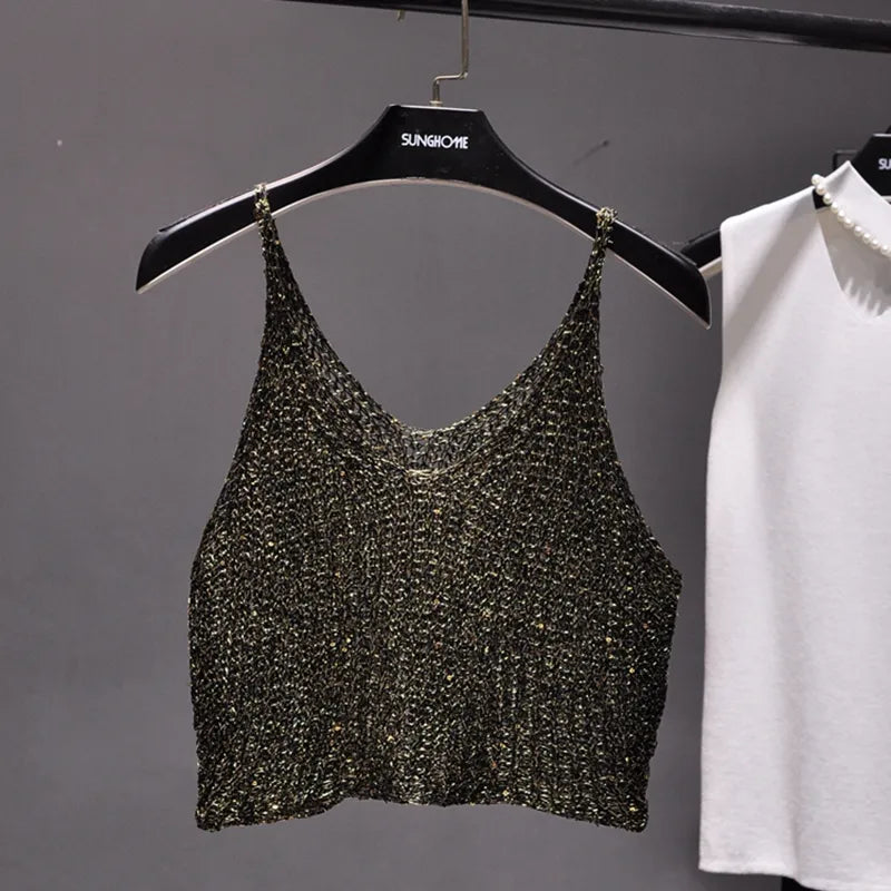 Sparkling Sequins Half Waist Render Knitwear Hollow-out Is Sexy Waist Condole Top Cropped Sexy Streetwear Woman Tops Summer Black Gold One Size