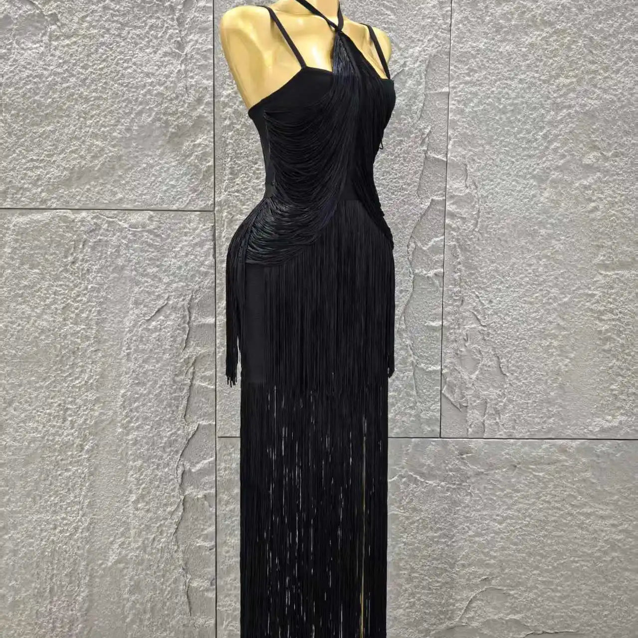 Vestido longo preto sem mangas feminino, sexy, com decote em V, com borlas, justo, bandagem, para festa noturna, coquetel