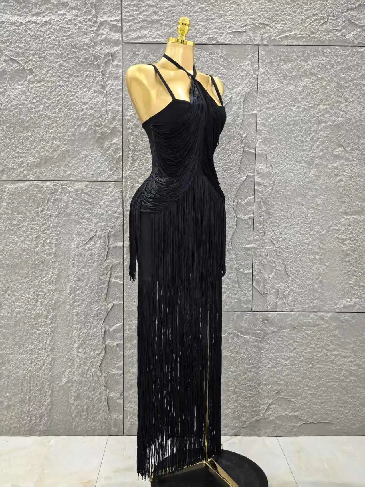 Vestido longo preto sem mangas feminino, sexy, com decote em V, com borlas, justo, bandagem, para festa noturna, coquetel