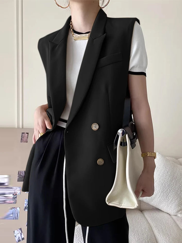 Fashion Women Vests Korean Style Sleeveless Casual Blazer Elegant Peak Lapel Suit Coats Oversize OL Black Vests black