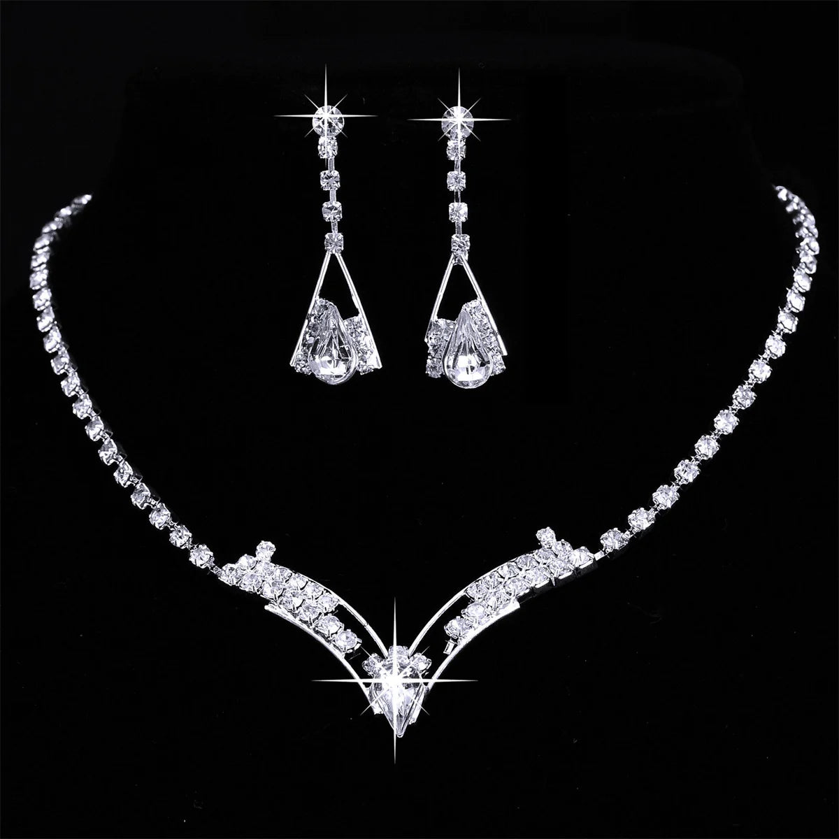 Luxury Elegant Zircon Flower Necklace Earrings Set For Women Silver Color Rhinestone Waterdrop Heart Wedding Bridal Jewelry Set