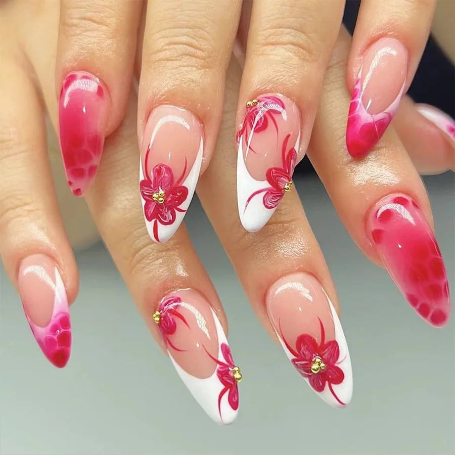 24Pcs Short Almond Fake Nail with Line Design Simple Red False Nails Wearable Fashion Full Cover Nail Art Tips Press on Nails