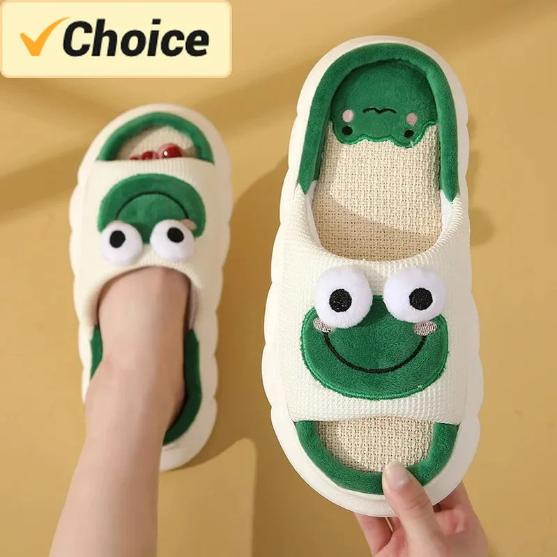 Men Women Home Linen Slippers Four Seasons Adults Home Sandals Couples Cute Frog Shoes Soft Cartoon Flip Flops Indoor Slides