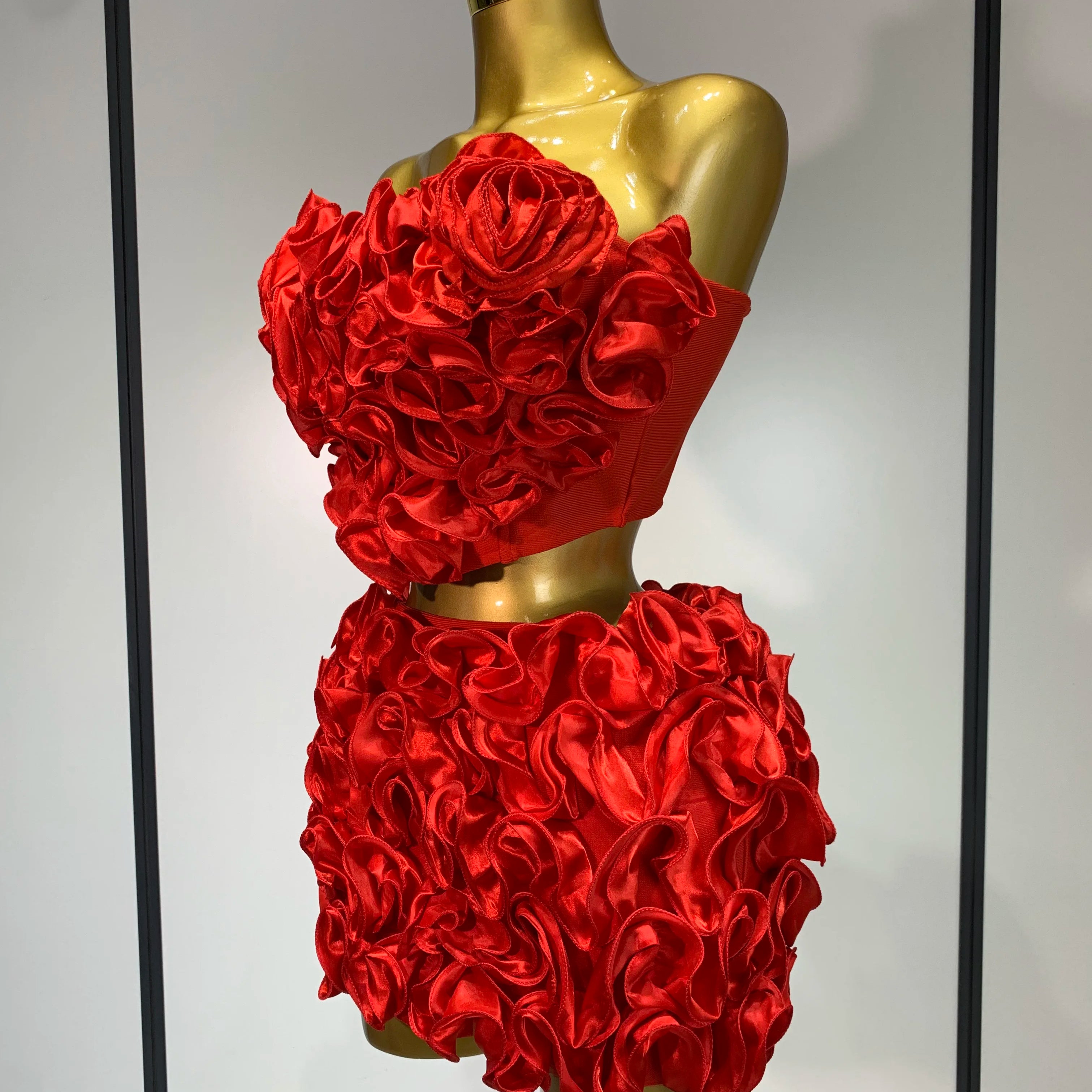 Women Sexy Strapless Red flower Top With Mini Skirt Bodycon Bandage Suit Celebrity Party Cocktail Birthday Two Pieces Set