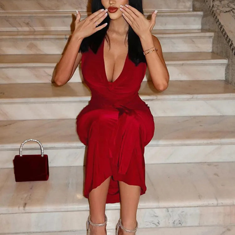 Halter Draped Ruched Sexy Maxi Dress For Women Gown Deep V Neck Sleeveless Backless Bodycon Club Long Dress Elegant