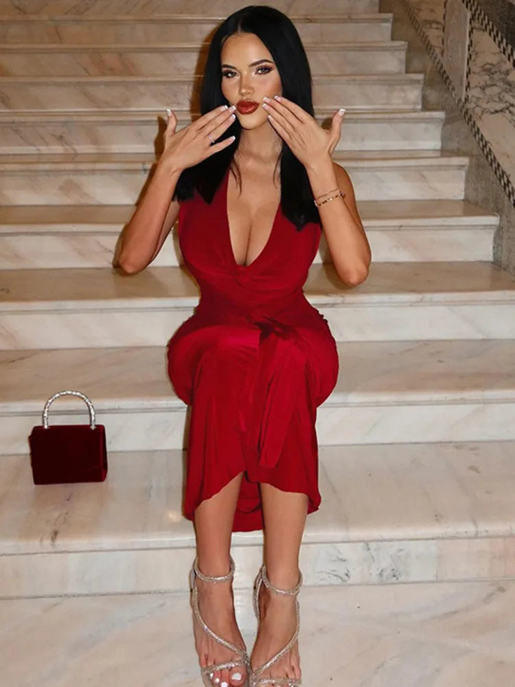 Halter Draped Ruched Sexy Maxi Dress For Women Gown Deep V Neck Sleeveless Backless Bodycon Club Long Dress Elegant