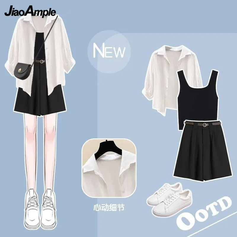 Women's Tracksuit Suit Summer Casual Sunscreen Shirt Top Vest Shorts Three Piece Korean Chic Blouse Pants Matching Set