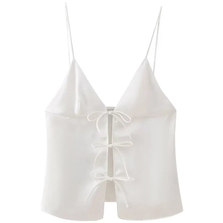 TRAF New Style Bowknot Tied Women Camis Summer V Neck Straps Tanks Sleeveless Backless Sexy Tanks Slim Female Crop Top Y2K W