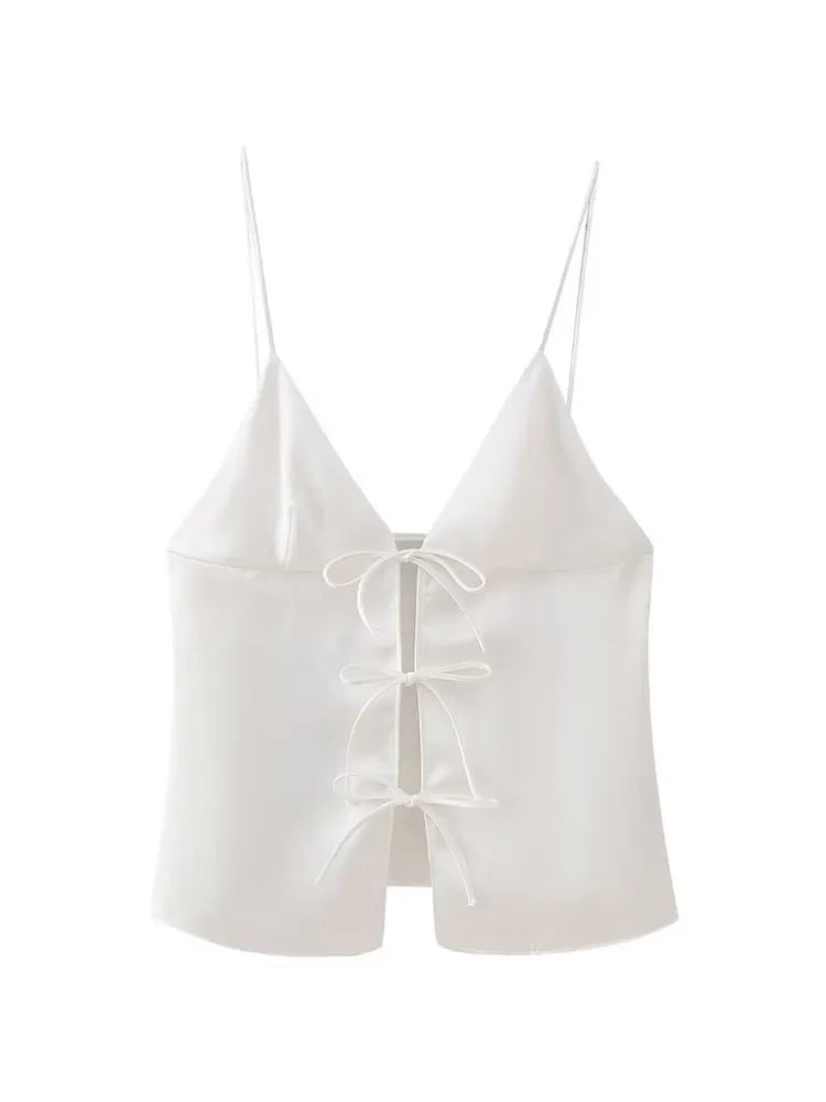 TRAF New Style Bowknot Tied Women Camis Summer V Neck Straps Tanks Sleeveless Backless Sexy Tanks Slim Female Crop Top Y2K W