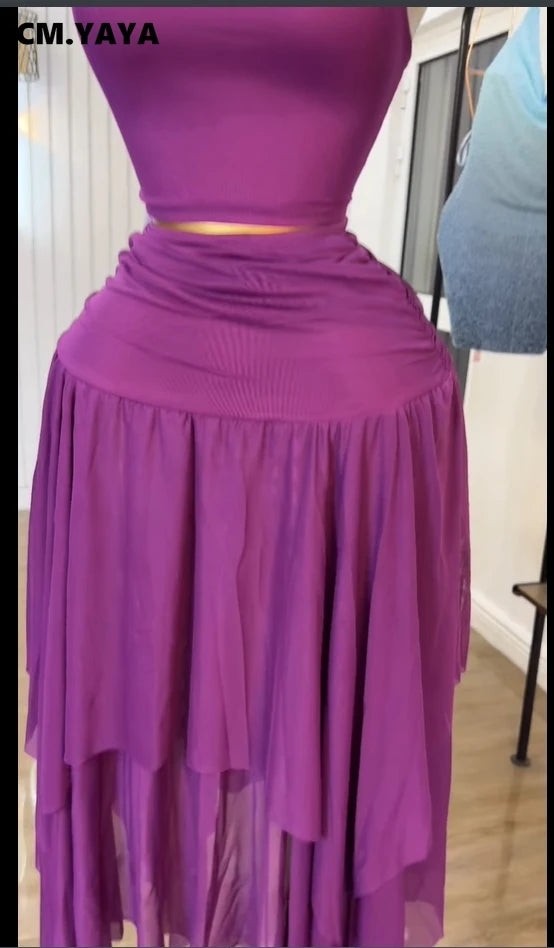 CM.YAYA Women Tie Up Shoulder Sleeveless Knit Tank Top and Irregular Maxi Long Skirt Suit 2025 Summer Two 2 Piece Set Outfits