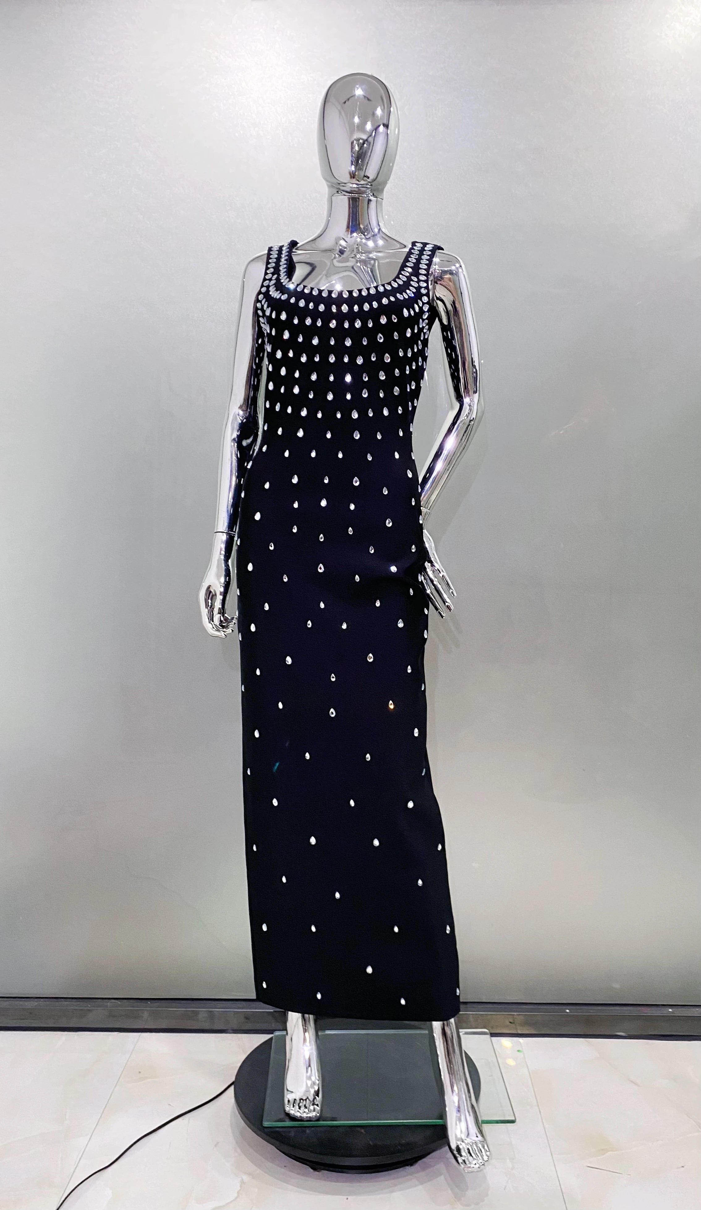 Vestido longo feminino, preto, azul-celeste, sem mangas, sexy, gola redonda, brilhante, com cristais, colado, bandagem, roupa para festa e boate