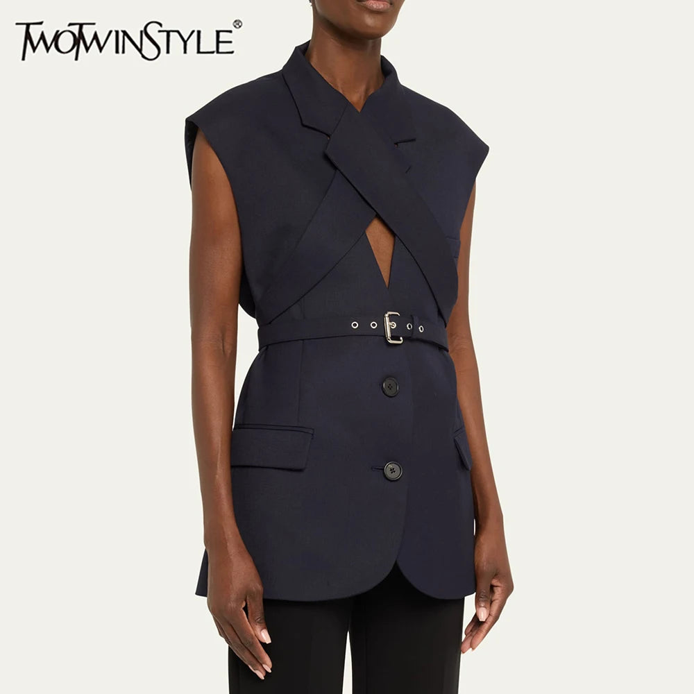 TWOTWINSTYLE Solid Slimming Spliced Single Breasted Coat for Women Lapel Long Sleeves Patchwork Lace Up Top Female Clothing New