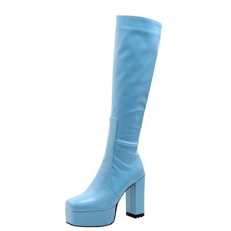 SIMLOVEYO Platform Knee High Boots Toe Block Heels Rubber Size 34-43 Black White Blue S2729